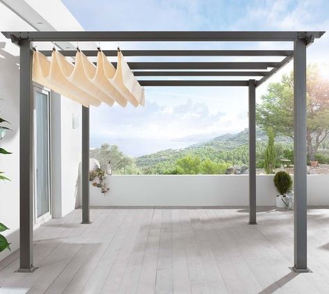 Super cool!  Description below:  "Turn a patio into a pavilion with a freestanding German-made pergola you assemble yourself (retractable canopy included).  Fully assembled, a square 9.5-foot Pergola Frame And Roof stands approximately 7 feet high and is €479 from Gingar." Ombra Pergola, Diy Pergola Kits, Pergola Shade Cover, Sweet House, Retractable Pergola, Modern Pergola, Pergola Attached To House, Pergola Design, Pergola Canopy