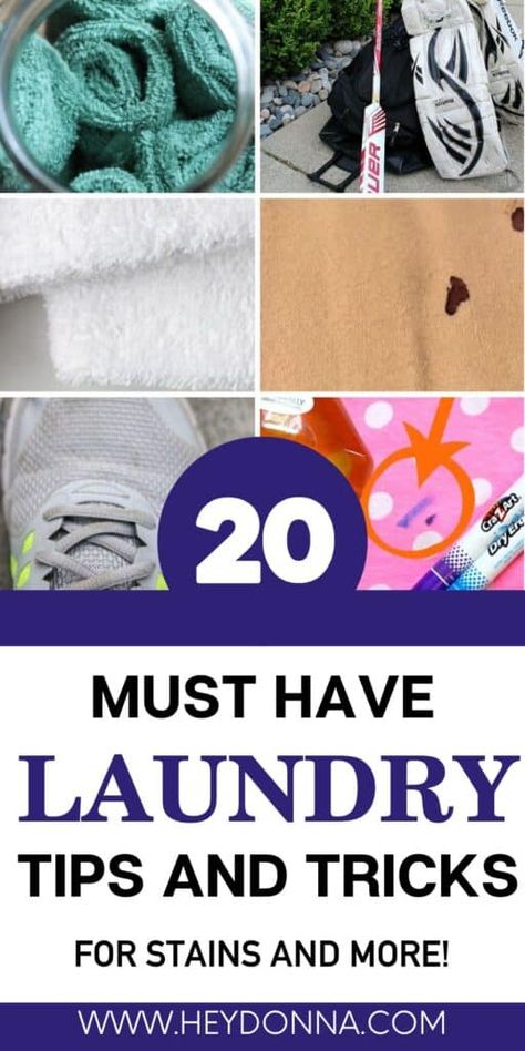 These 20 Laundry tips will help you with stain removing, wrinkles, and brightening! Laundry Tips And Tricks, Homemade Stain Removers, Homemade Laundry Detergent Recipes, Smelly Towels, Stain Remover Clothes, Stain Removal Guide, Brighten Whites, Laundry Detergent Recipe, Detergent Recipe