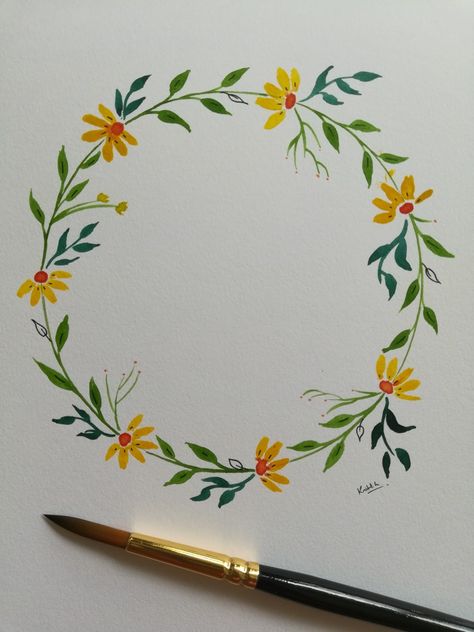 Flower Wreaths Drawing, Circle Flowers Drawing, Circle With Flowers Drawing, Spring Wreath Watercolor, Circle Of Flowers Drawing, Watercolor Wreath Simple, Circle Flower Painting, Flower Drawing Circle, Watercolor Border Design Simple