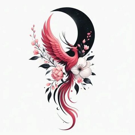 Phoenix Tattoo Feminine Hand, Cherry Blossom And Phoenix Tattoo, Dragon Calf Tattoos For Women, Woman Bird Tattoo, Women Back Neck Tattoo, Cherry Blossom Phoenix Tattoo, Water Phoenix Tattoo, Back Phoenix Tattoo Women, Norwegian Tattoos For Women