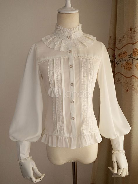 Lolitashow White Chiffon Lolita Blouse Long Gigot Sleeves Ruffles Stand Collar High Collar Shirts, Women Chiffon Blouse, Leg Of Mutton Sleeve, High Neck Blouse, Chiffon Floral, Blouse Sale, White Chiffon, Mori Girl, Gothic Outfits