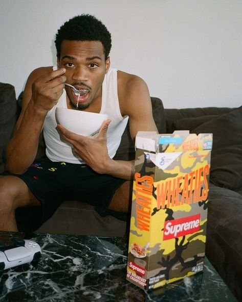 Supreme has collaborated with seemingly every industry possible. This collaboration was between the brand and a classic ceral: Weaties. Supreme Photoshoot, Matt Jackson, Wheaties Cereal, Instagram Breakfast, General Mills, Meal Of The Day, Breakfast Of Champions, Baboon, Promo Videos