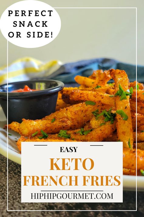 plate of keto fries with fresh chopped parsley Keto Fries, Jicama Fries, Low Carb Snacks, Guilt Free, French Fries, Side Dish, Healthy Snacks, Side Dishes, Low Carb