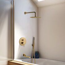 FontanaShowers Rainfall Thermostatic Complete Shower System with Rough-in-Valve | Wayfair Black Shower System, Brass Bathtub, Bathtub Spout, Brass Shower Head, Gold Shower, Dual Shower Heads, Brass Shower, Boys Bathroom, Toilet Storage