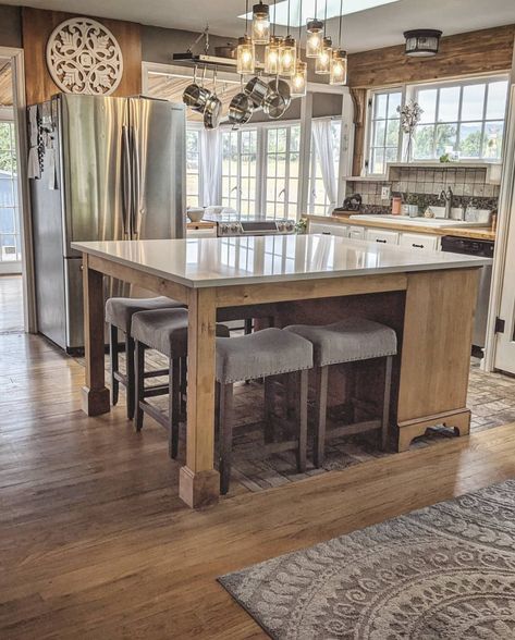 Repurposed China hutch found on Facebook marketplace turned into custom 66"x54" kitchen island. Calacatta gold quartz countertop from Home Depot. 4x4 Kitchen Island, Kitchen Island Dinner Table, Kitchen Island Used As Dining Table, Dresser Island Kitchen, Square Island With Seating, Unique Kitchen Island, Kitchen Island Furniture, Dresser Kitchen Island, Kitchen Island Plans