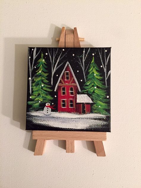 A personal favorite from my Etsy shop https://www.etsy.com/listing/244363706/3x3-mini-masterpiece-chilly-night-folk Christmas Trees Paintings On Canvas, Mini Acrylic Christmas Paintings, Black Canvas Paintings Christmas, Christmas Mini Canvas Ideas, Cute Paintings On Canvas Christmas, Christmas Night Drawing, Canvas Painting For Christmas, Christmas Art On Canvas, Mini Christmas Drawings