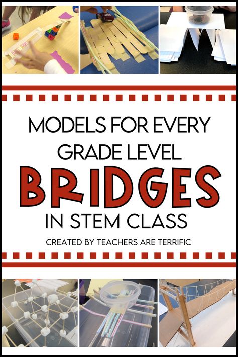 Building a Bridge in STEM Class- This blog post features a bridge for every grade level and tips about building them! Building Bridges Stem For Kids, 3rd Grade Science Experiments, Bridge Stem Challenge, Stem Projects Elementary, Stem Bridges, Bridges Math, 5th Grade Science Projects, Bridge Project, Steam Lessons