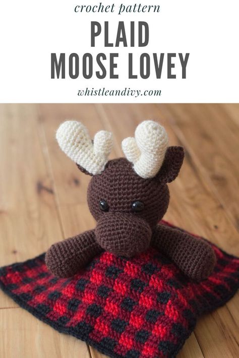 Is there someone in your life who needs this plaid moose lovey?  Snag this free pattern and work up this amazing lovey.  Try using different colors to make this a gift for different seasons.  This is also a great gift for a new addition to you or a friend of your family.    #whistleandivy #babygifts #plaidlovey Woodland Lovey Crochet Pattern, Amigurumi Moose Free Pattern, Crochet Christmas Lovey Free Pattern, Crochet Moose Blanket, Lovely Blanket Crochet Free Pattern, Moose Lovey Crochet Pattern Free, Free Lovey Pattern, Free Crochet Lovey Pattern Easy, Animal Lovey Crochet Pattern