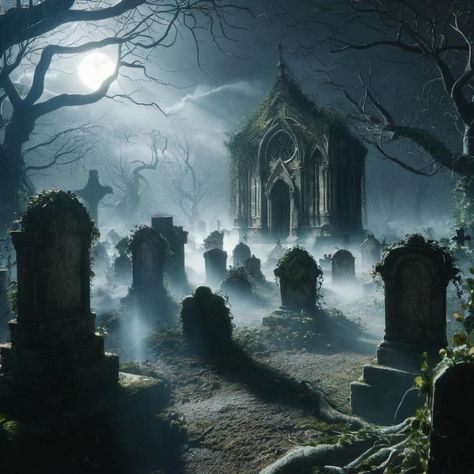 A spooky cemetery scene with fog and an ancient tomb. This artwork captures the essence of Halloween and is perfect for adding a touch of horror to your decor. Dark Grave Yard Aesthetic, Creepy Graveyard Halloween, Skeleton In Grave, Grave Yard Aesthetic, Cemetery Decorations Halloween, Halloween Environment, Creepy Street, Horror Places, Halloween Cemetary