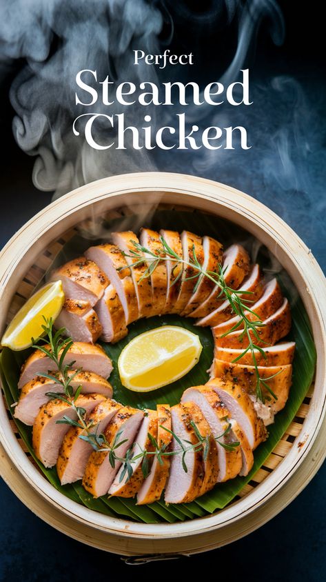 Overhead view of steamed chicken in bamboo basket, garnished with herbs and lemon, text "Perfect Steamed Chicken". Steamed Food Ideas, Steamed Chicken Recipes Healthy, Steamed Recipes Healthy, Steam Recipes Healthy, Steamed Chicken Recipes, Steamed Meals, Steamer Meals, Roasted Chicken Breast Recipes, Steam Chicken Recipe