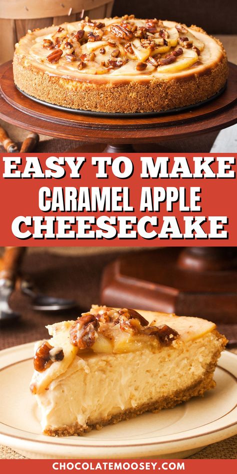 Indulge in the perfect blend of creamy cheesecake and sweet caramel apples with this Easy to Make Caramel Apple Cheesecake. The buttery graham cracker crust supports a rich cream cheese filling, enhanced by a luscious caramel sauce. Topped with sautéed apples and crunchy pecans, this dessert is a stunning centerpiece that’s simple to create yet impressive to serve. Apple Topping For Cheesecake, Apple Cheesecake Topping, Apple And Caramel, Sautéed Apples, Baked Caramel Apples, Recipes Using Cream Cheese, Homemade Cheesecake Recipes, Cinnamon Cheesecake, Baked Caramel