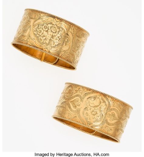 Estate Jewelry:Bracelets, Victorian Gold Bracelets, Circa 1857. ... (Total: 2 Items) Gold Victorian Cuff Bracelet With Intricate Design, Ceremonial Victorian Gold Bracelet, Victorian Yellow Gold Bracelet, Victorian Gold Hallmarked Bracelet, Luxury Victorian Gold Collectible Bracelet, Victorian Gold, Gold Bangles, Historical Clothing, Estate Jewelry