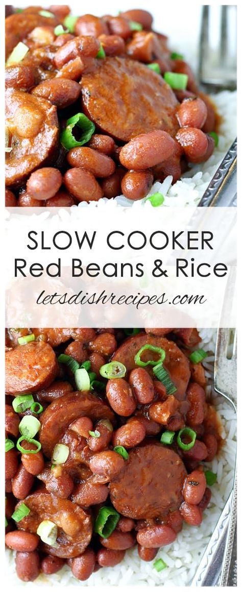 Slow Cooker Red Beans and Rice Recipe: Red beans and andouille sausage, slow cooked and served over hot cooked rice, with a green onion garnish. #rice #beans #slowcooker #recipes #sausage Health Slow Cooker Recipes, Slow Cooker Hamburger Recipes, Jambalaya Recipe Slow Cooker, Lasagna Recipe Slow Cooker, Slow Cooker Red Beans, Vegetable Slow Cooker, Red Beans And Rice Recipe, Slow Cooker Jambalaya, Summer Slow Cooker Recipes