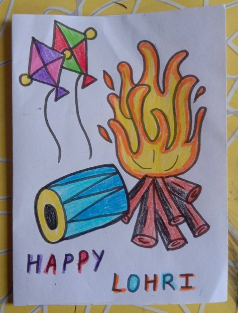 Activity On Lohri For Kids, Lohri Craft For Kids, Lohri Drawing For Kids, Sankranthi Decoration, Lohri Drawing, Campfire Drawing, Classroom Windows, Lohri Celebration, Holi Drawing