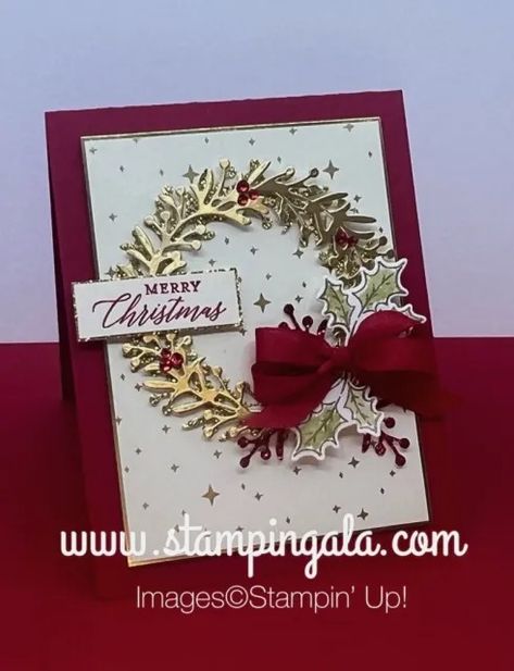 Stamping Elegance with Wishes All Around - Stampin' Gala Stampin Up Christmas Gleaming Card Ideas, Stampin Up Arrange A Wreath Christmas Cards, Stampin Up Brushed Gold Christmas Cards, Su Wishes All Around Cards, Shining Christmas Stampin Up Cards, Stampin Up Wishes All Around Cards, Stampin Up Shining Christmas Dsp, Stampin Up Joyful Dsp, Joy Of Christmas Dsp Stampin Up Cards