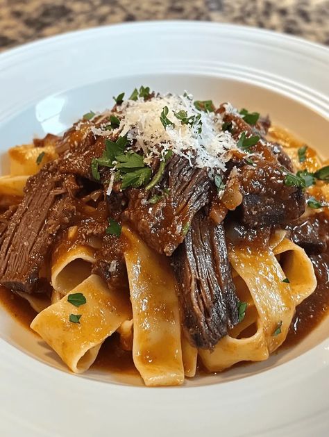 Short Ribs Ragu With Pappardelle – Hearty, Comforting, and Irresistible - Sanepe Recipes Slowly Braised Beef Short Rib Ragu, Short Rib Ragu Dutch Ovens, Short Rib Noodles, Short Ribs Pasta Recipe, Pappardelle Pasta Dishes, Short Ribs Ragu With Pappardelle, Short Ribs With Pappardelle, Short Ribs And Pasta, Fine Cooking Magazine Recipes