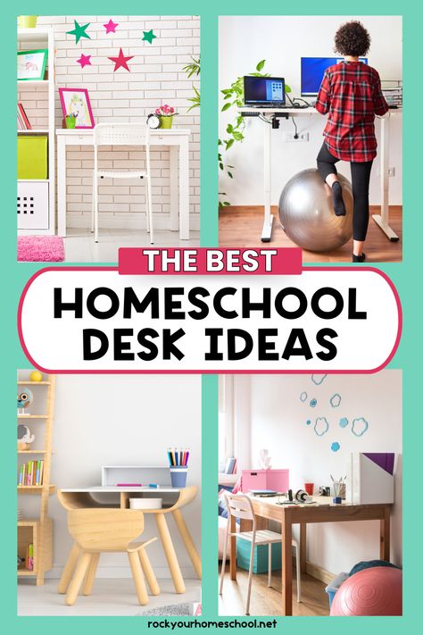 4 examples of the best homeschool desk ideas. Homeschool Desk Ideas, Homeschool Set Up, Homeschool Desk, Homeschool Room Decor, Homeschool Space, Homeschool Room, Homeschool Schedule, Desk Ideas, Homeschool Organization