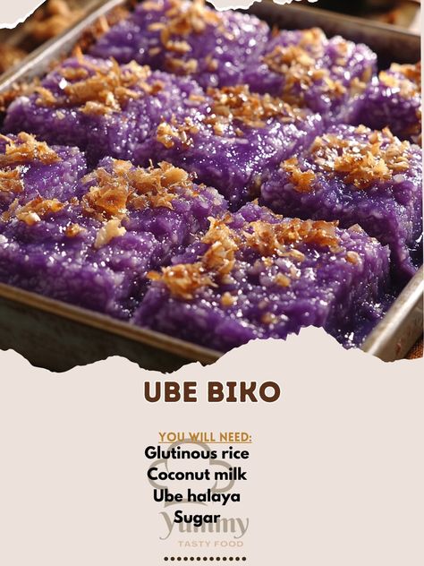 🍠🍚 Indulge in the rich, creamy goodness of Ube Biko—a Filipino favorite with a twist! 😋 #UbeBiko #FilipinoDessert Ube Biko Ingredients: Glutinous rice (2 cups) Coconut milk (2 cups) Ube halaya (1 cup) Sugar (1/2 cup) Water (2 cups) Coconut cream (1/2 cup, for topping) Instructions: Cook glutinous rice with water in a pot until tender. In a separate pan, heat coconut milk and mix in ube halaya and sugar. Stir until well combined. Add the cooked rice to the ube mixture and stir until the ri... Ube Rice Crispy Treats, Biko Filipino Recipe, Ube Biko, Filipino Merienda, Biko Recipe, Ube Halaya, Filipino Desserts, Cooked Rice, Rice Crispy Treats