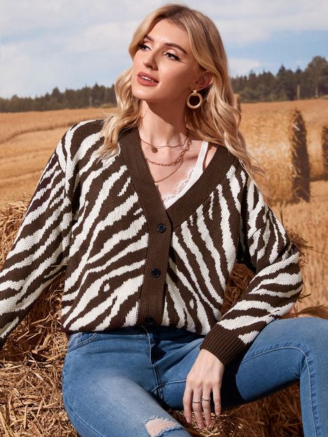 Shoulder Cardigan, Drop Shoulder Cardigan, Stripe Cardigan, Zebra Pattern, V Neck Cardigan, Cardigan Fashion, Striped Cardigan, Laid Back Style, Shein Style