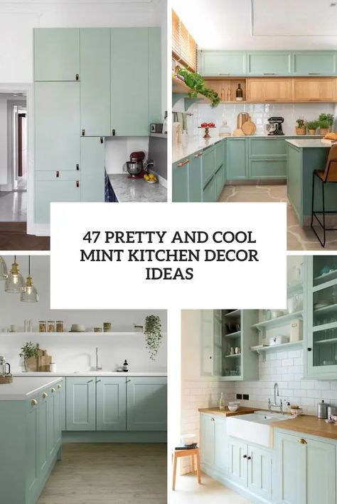 Picture of pretty and cool mint kitchen decor ideas White And Mint Green Kitchen Ideas, Top Of Cupboard Decor, Mint Green Kitchen Cabinets, Mint Kitchen Decor, Mint Green Kitchen Ideas, White Stone Backsplash, Butcherblock Countertops, Mint Green Kitchen, Cupboard Decor