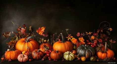 Thanksgiving desktop HD wallpaper with sleek, graphic designs of pumpkins and fall elements against a dark background. Thanksgiving Aesthetic Wallpaper Desktop, Thanksgiving Fb Cover Photos, Thanksgiving Wallpaper Laptop, Thanksgiving Desktop Wallpaper, Fall Desktop Backgrounds, Thanksgiving Wallpapers, Fall Background Wallpaper, Fall Elements, Thanksgiving Background