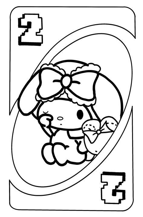 Uno Drawing, Hello Kitty Uno, Card Outline, Random Activities, Hello Kitty Y2k, Uno Cards, Hello Kitty Crafts, Melody Hello Kitty, Kitty Drawing