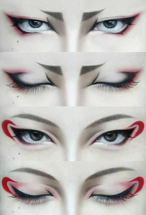 Kitsune Eyeliner, Vox Akuma Makeup, Geisha Eye Makeup, Kitsune Makeup Tutorial, Kitsune Halloween Costume, Fox Cosplay Makeup, Zhongli Eye Makeup, Kitsune Face Markings, Ninja Eye Makeup