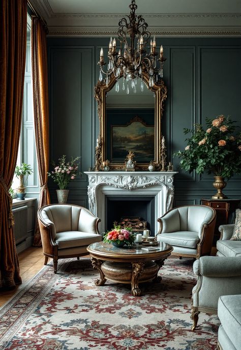 Old Money Living Room Dark Classic Interior Design, Vintage European Living Room, Modern Victorian Style Living Room, Antique Sitting Room, English Manor Living Room, Old Money Style Living Room, Small English Living Room, Vintage Lounge Room Ideas, Antique Sunroom