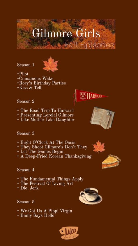 Gilmore Girls fall episodes #gilmoregirlsfall #gilmoregirls #fall #autumn #netflix Fall Episodes, Gilmore Party Ideas, Gilmore Girls Episodes, Gilmore Girls Fall, The Fall Movie, Halloween Episodes, Gilmore Girls Seasons, Movie Night Snacks, Christmas Dreaming