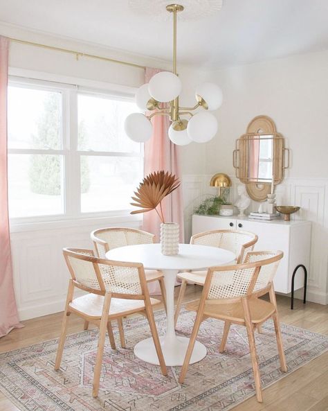 Small white round table with four wood and cane chairs, brass lights and pink curtains. Revival Rugs, Zimmer Diy, My Scandinavian Home, Wardrobe Cabinet, Room Deco, Wardrobe Cabinets, Cabinet Pulls, Décor Diy, Scandinavian Home