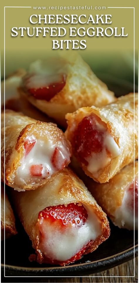 These Strawberry & Cheesecake Stuffed Eggroll Bites are the perfect blend of crispy and creamy. With a cheesecake filling and fresh strawberry mixture wrapped in a golden, fried eggroll wrapper, these bites are topped with a sweet glaze for an indulgent treat that’s sure to impress at any gathering or party. Fruit Filled Eggrolls, Stuffed Food Ideas, Strawberry Deviled Eggs, Fried Eggroll, Cheesecake Deviled Strawberries, Finger Desserts For Parties, Strawberry Creme Pie, Eggroll Wrapper Recipes, Strawberry Cheesecake Filling