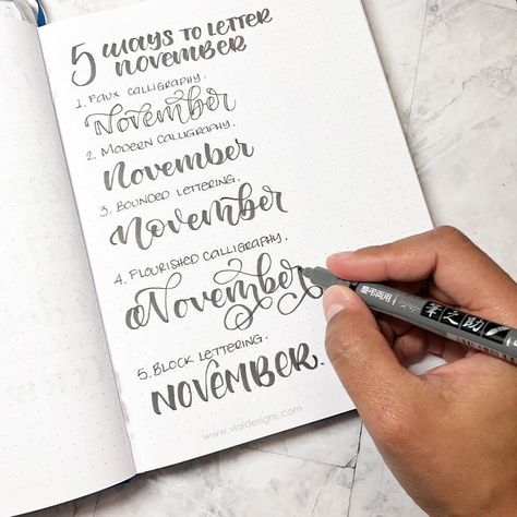 Learn how to letter November 5 different ways | Lettering for bullet journal | #vialdesigns #learnlettering #letteringforbulletjournal #bulletjournallettering Free Lettering Worksheets, Hand Lettering Worksheet, Free Calligraphy Fonts, Calligraphy Tutorial, Faux Calligraphy, Handwriting Alphabet, Lettering Ideas, Free Script Fonts, Script Monogram