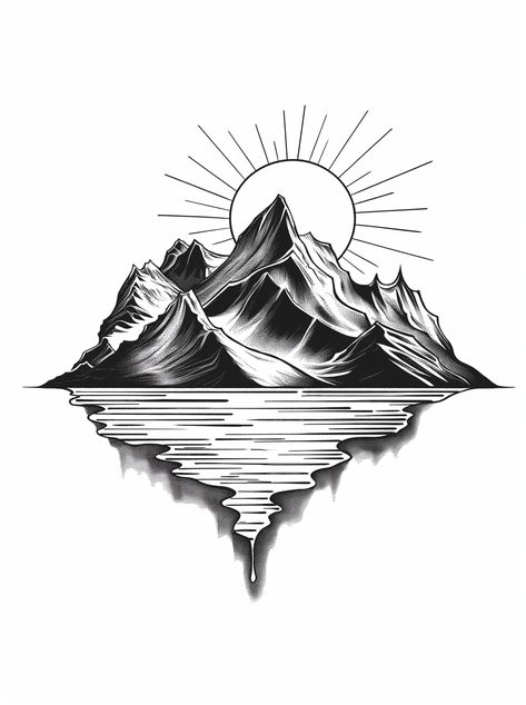 Mountain And Sunrise Tattoo, Mountains Ocean Tattoo, Sun And Mountains Tattoo, Sun And Mountain Tattoo, Mountain Sun Tattoo, Mountain And Sun Tattoo, Mountain Landscape Tattoo, Drawing Of Sun, Line Art Mountains