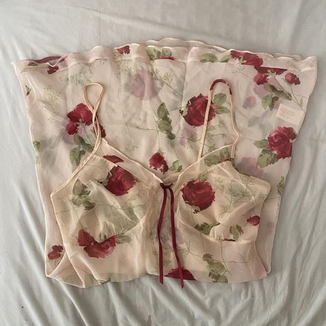 Vintage sheer rose patterned slip dress Size... - Depop Fairy Fits, Depop Dress, Depop Finds, Depop Clothes, 90s Slip Dress, Vintage Slip Dress, Red Dress Women, Vintage Slips, Skirt And Top