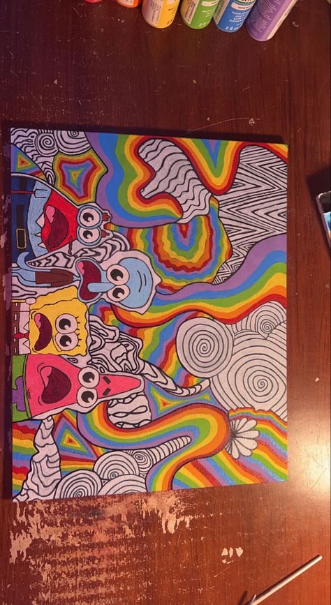 Highliter Drawing Art, Spongebob Painting High, Trippy Table Painting, Trippy Aesthetic Paintings Canvases, High Trippy Canvas Art, Cool Things To Draw Creative Easy Trippy, Wall Painting Ideas Bedroom Trippy, Trippy Spongebob Painting Canvases, Trippy Spongebob Art