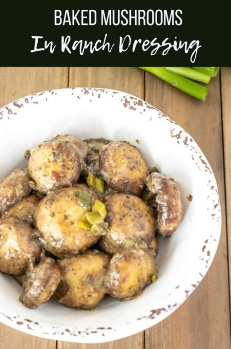 The baked mushrooms drizzled with ranch butter sauce are an easy side dish and appetizer. The whole family will love these tasty and flavorful mushrooms. www.thisolemom.com #mushrooms #easyrecipe #sidedish #sidedishrecipes #appetizers #appetizerseasy #fingerfoods Mushroom Side Dish Recipes Healthy, Healthy Mushroom Side Dishes, Button Mushroom Recipes Side Dishes, Fresh Mushroom Recipes Side Dishes, Crispy Fried Mushrooms With Cool Ranch Dip, Easy Mushroom Recipes, Baked Mushrooms, Ranch Dressing Recipe, Food Combining