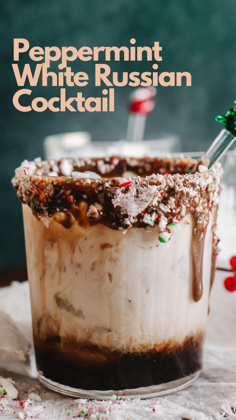 Peppermint White Russian Cocktail Peppermint Chocolate White Russian, Peppermint Rumchata Martini, Peppermint White Russian Cocktail, Baileys Peppermint Martini, Holiday White Russian Recipe, Chocolate Peppermint Cocktail, Polar Express Cocktail, Peppermint Moonshine Drinks, Christmas White Russian Cocktail