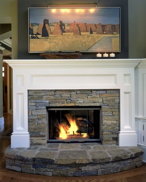 what if I did this with marble tile to tie into the kitchen? Mantle Design, Fireplace Mantel Designs, Living Room New York, Stacked Stone Fireplaces, White Mantel, Mantel Design, Fireplace Built Ins, Rock Fireplaces, Traditional Fireplace