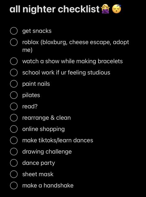 Sleepover Shopping List, All Nighter Checklist, How To Pull An All Nighter By Yourself, Sleepover Checklist, Sleepover Packing, Sleepover Packing List, Fun Sleepover Games, Netflix Shows To Watch, Holy Girl