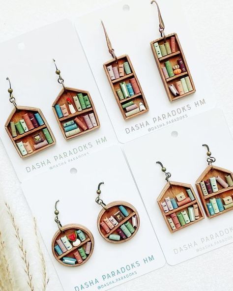 Clay Bookshelf Earrings, Book Clay Earrings, Polymer Clay Book Earrings, Polymer Clay Space, Book Polymer Clay, Polymer Clay Books, Clay Artist, Book Earrings, Handmade Clay Jewelry