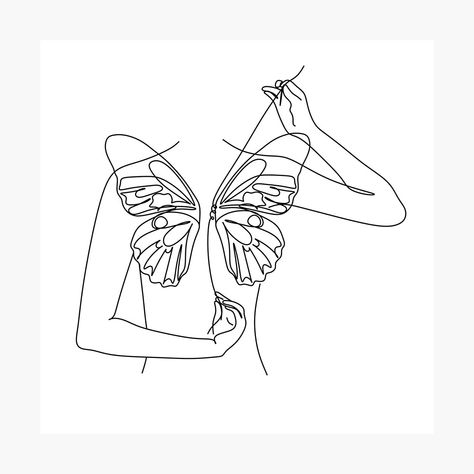 Woman Butterfly Line Art. Woman line art print. female line drawing by OneLinePrint | Redbubble Line Art Drawings Minimalist, Minimalistic Woman Drawing, Butterfly Woman Drawing, Line Art Design Butterfly, Line Art Exercises, Woman Line Art Drawing, Female Line Art Tattoo, Woman Minimalist Drawing, Fine Line Drawing Ideas