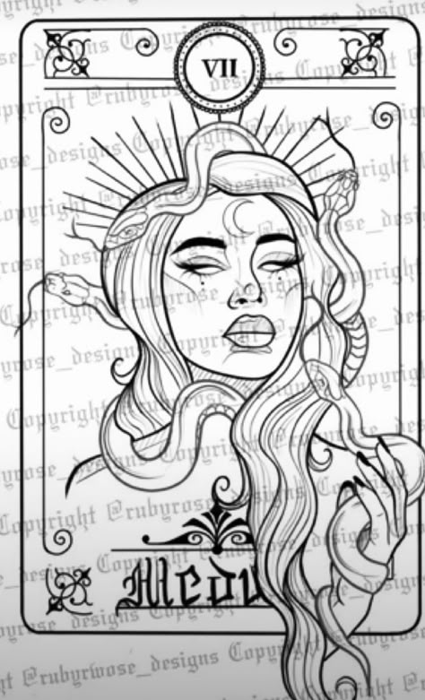 Medusa Tarot Tattoo, Tiny Tarot Card Tattoo, Medusa Tarot Card Tattoo, Leg Thigh Tattoos, Medusa Tarot Card, Medusa Tattoo Design For Women, Woman Head Tattoo, Female Character Drawing, Greek Mythology Athena