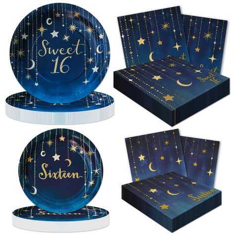 PRICES MAY VARY. MAKE THIS 16TH BIRTHDAY REALLY SWEET WITH UPDATED COLORS & THEME! Lovely ombre’ shades of blue—from Light Blue/Teal to Navy, overlaid with gold chains, Stars, and Moons. A more modern and mature pattern. An Elegant way to celebrate your darling 16 year old! 16 LG.PLATES - 9 in. Rd. Paper Plates with Deluxe Foil Printed “Sweet 16”! Perfect for entrees’, picnics and plenty more! Heavyweight construction holds up under intense party fun. 16 DESSERT PLATES - 7 in. Rd. with Gold Foil Starry Night Sweet 16 Theme, Under The Stars Party, Sweet 16 For Boys, Sweet Sixteen Party Themes, Starry Night Theme, Retro Circus, Blue Sweet 16, Sweet Sixteen Birthday Party Ideas, Sweet 16 Themes