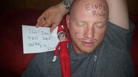 Dusty wrote on Dad's face while he slept!! Haha! Elf Writing, Elf On The Shelf, Elf, Writing, Quick Saves