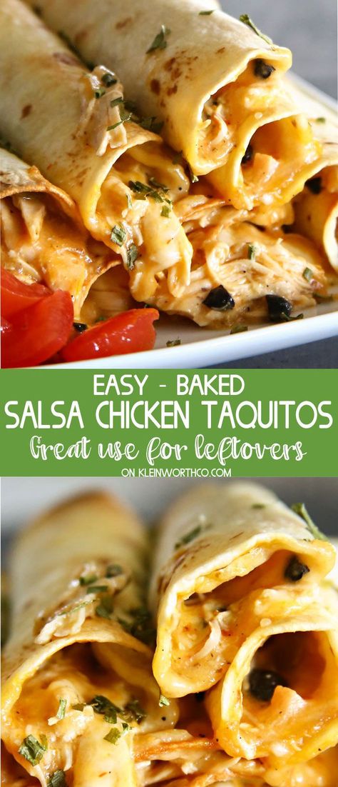 Baked Salsa Chicken Taquitos, quick and easy to throw together & a perfect use for leftovers. What a delicious appetizer or snack & great for game day! via @KleinworthCo Baked Salsa Chicken, Superbowl Food Appetizers, Chicken Parmesan Casserole, Superbowl Appetizers, Chicken Taquitos, Salsa Chicken, Game Day Food, Mexican Dishes, Yummy Appetizers