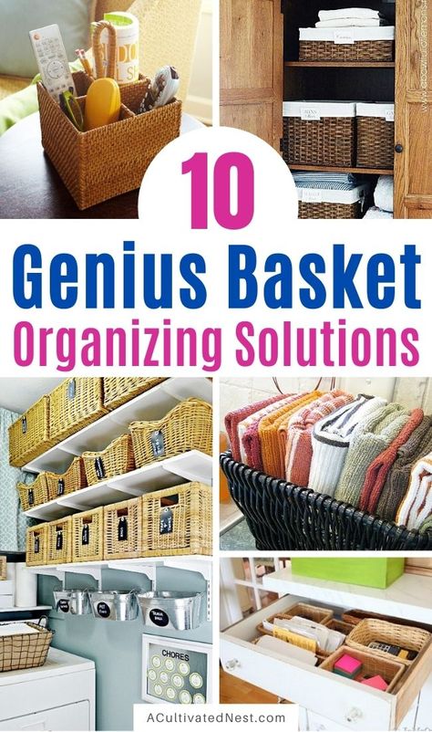 Closet Hanging Baskets, Bathroom Basket Storage Ideas, How To Use Baskets For Storage, Hanging Storage Baskets On Wall, Basket Label Ideas, Organize With Baskets, How To Store Baskets, Hanging Baskets On Wall Organizing Ideas, Small Basket Decor Ideas