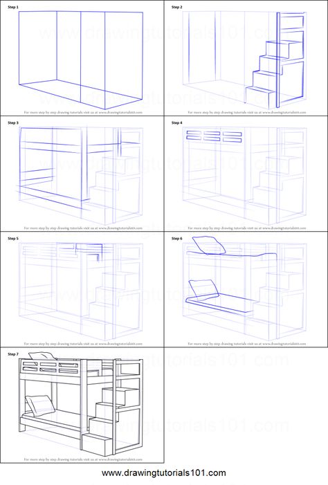 Bunk Bed Sketch, Bunk Bed Drawing, How To Draw A Bed, Bunk Bed Steps, Cartoon Furniture, Isometric Sketch, Room Sketch, Live Space, Object Reference