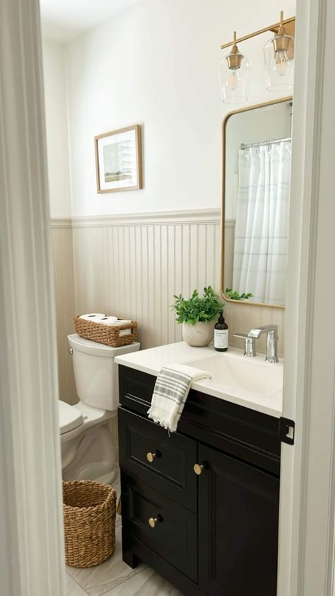 Small Bathroom Ideas Black Vanity, Half Bath With Black Vanity, Half Bathroom Lighting, Powder Room Beadboard, Headboard Bathroom, Half Bathroom Wallpaper Ideas, Full Bathroom Ideas, Small Full Bathroom Ideas, Half Bathroom Ideas