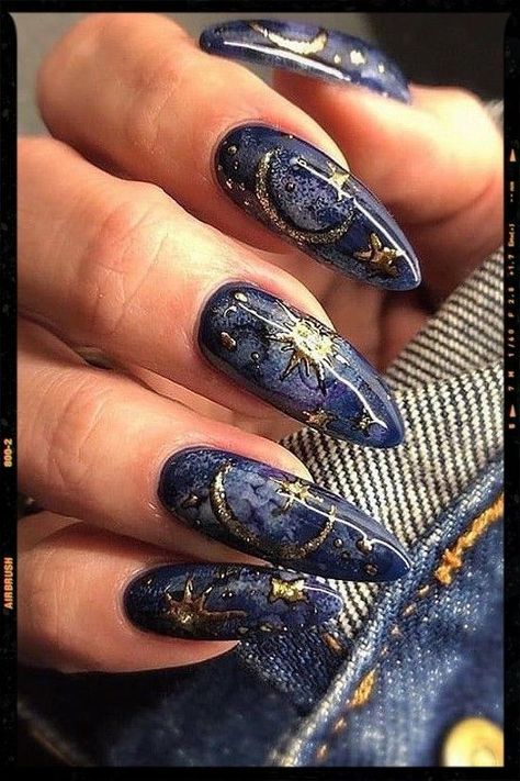 Warning: These nail art ideas may cause extreme jealousy and an overwhelming desire to promptly schedule your next appointment at the salon! So, if you’re not prepared to have the most enviable nails in town, it may be best to turn back now.  . Nails Cheetah, Sun Nails, Dark Blue Nails, Witch Nails, Witchy Nails, Sky Nails, Moon Nails, Simple Nail Art Designs, Blue Nail