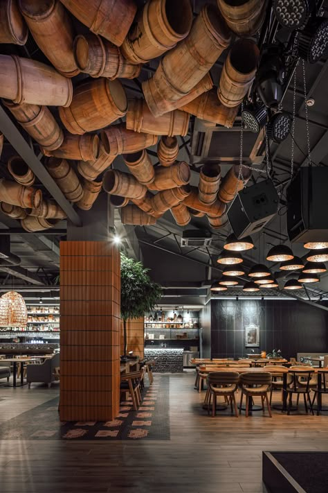 interior design, restaurant, HoReCa Wood Roof Interior, Dark Restaurant Aesthetic, Croatian Restaurant, Ukrainian Restaurant, Dark Restaurant, Ukrainian Culture, Pub Design, Wood Wall Art Diy, Wood Roof